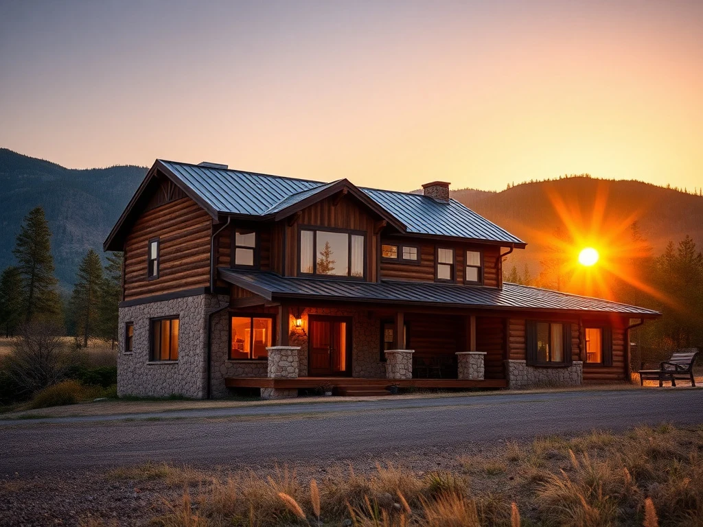 Stone and timber foothills home near Bellvue, Colorado at golden hour with mountains behind