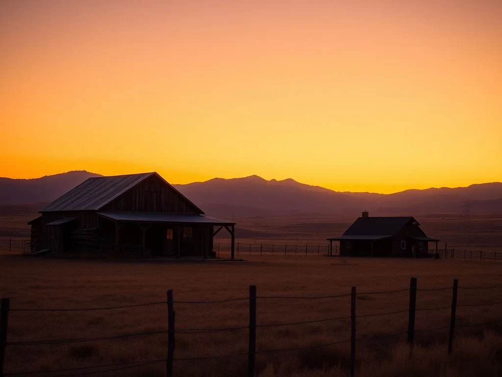 Rural farmhouse and barn property near Rist Canyon, Colorado at dusk with open land and distant foothills